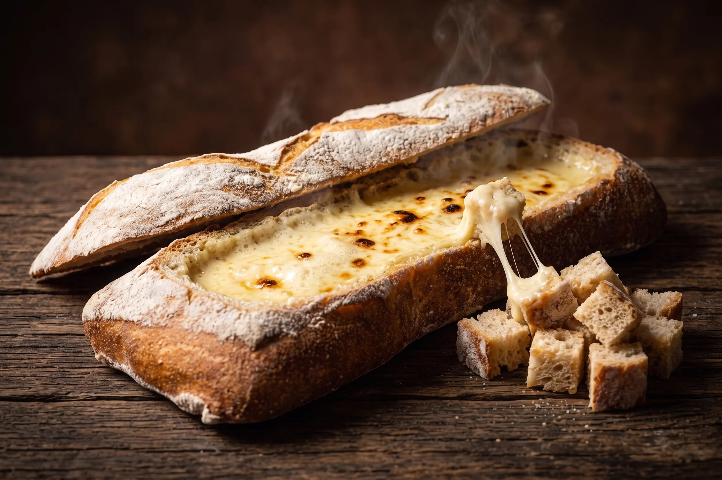 Fondue od sira serviran u izdubljenoj vekni Divljeg hleba.