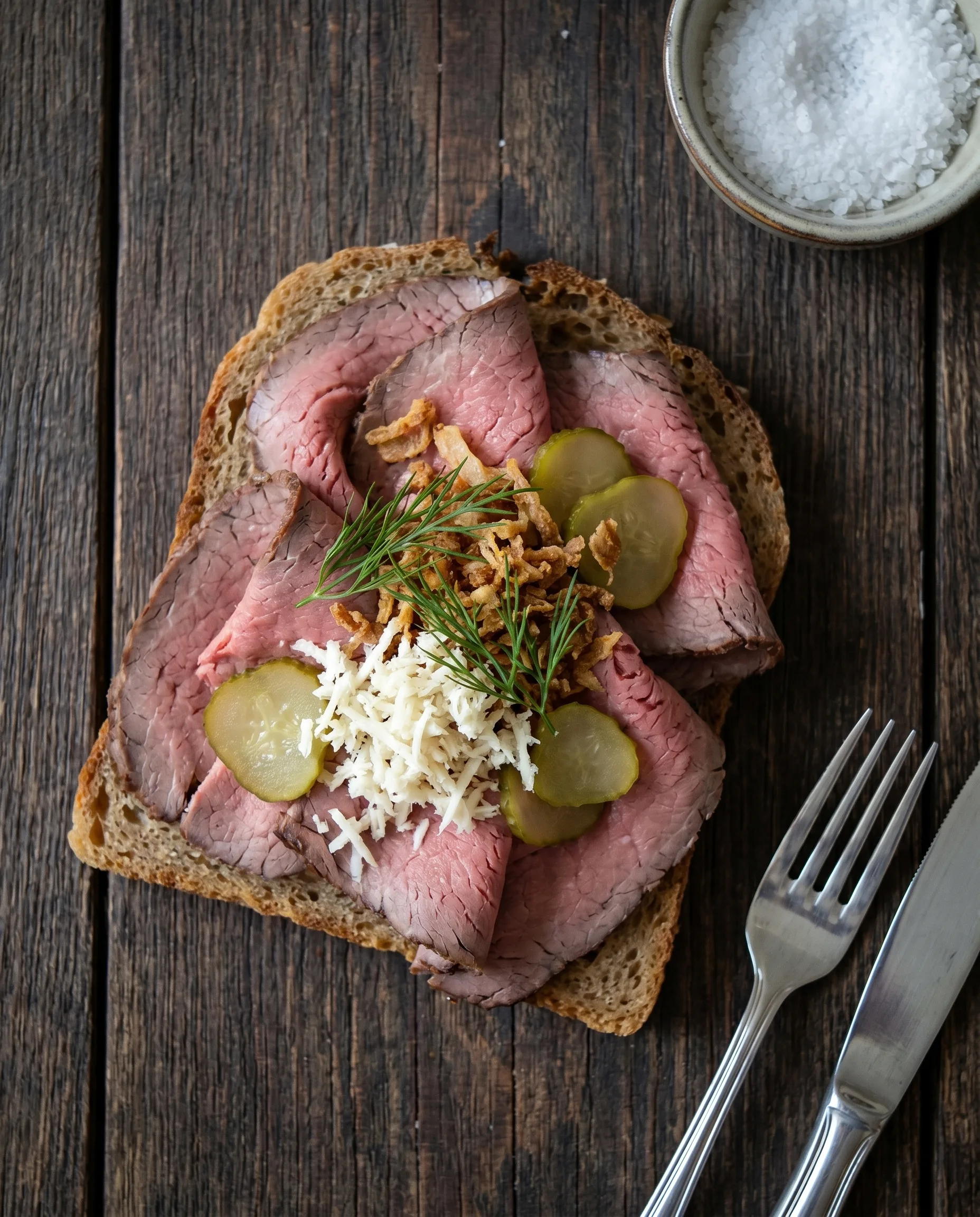 Elegantni danski otvoreni sendvič (Smørrebrød) sa rostbifom na kriški Unimiller Raženog PREMIUM hleba.