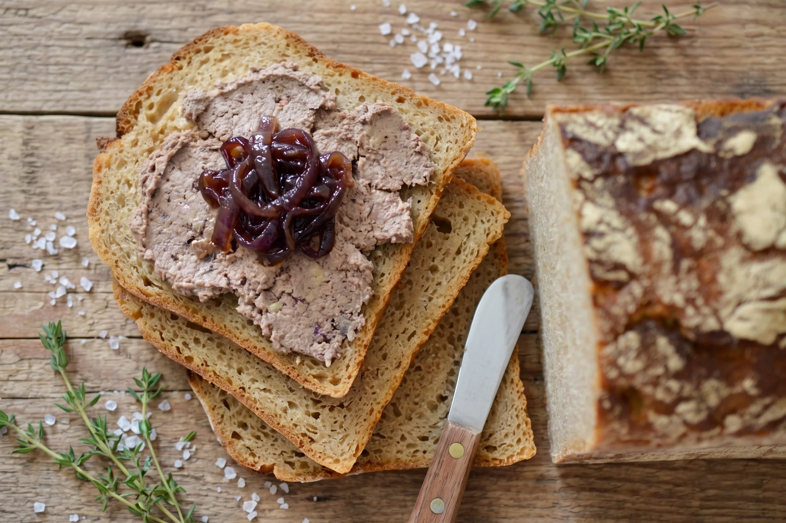 Kriška Unimiller Raženog PREMIUM hleba premazana paštetom od guščije džigerice i konfitiranim lukom.