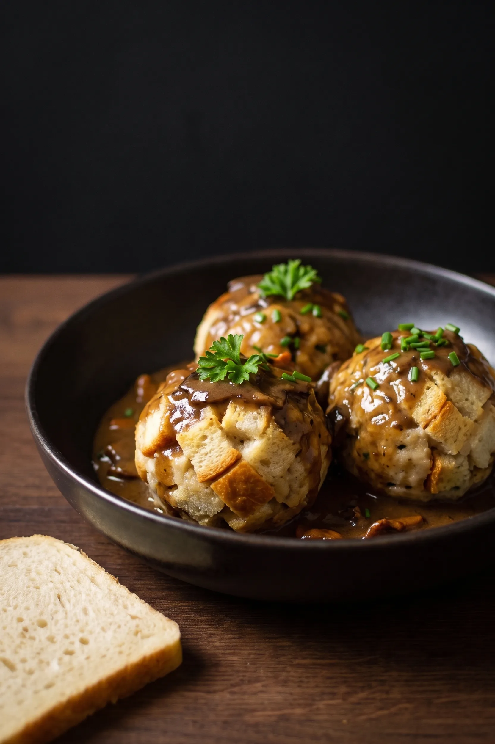 Hlebni njoki (Knödel) napravljeni od Triticum hleba, servirani u gustom sosu sa pečurkama.