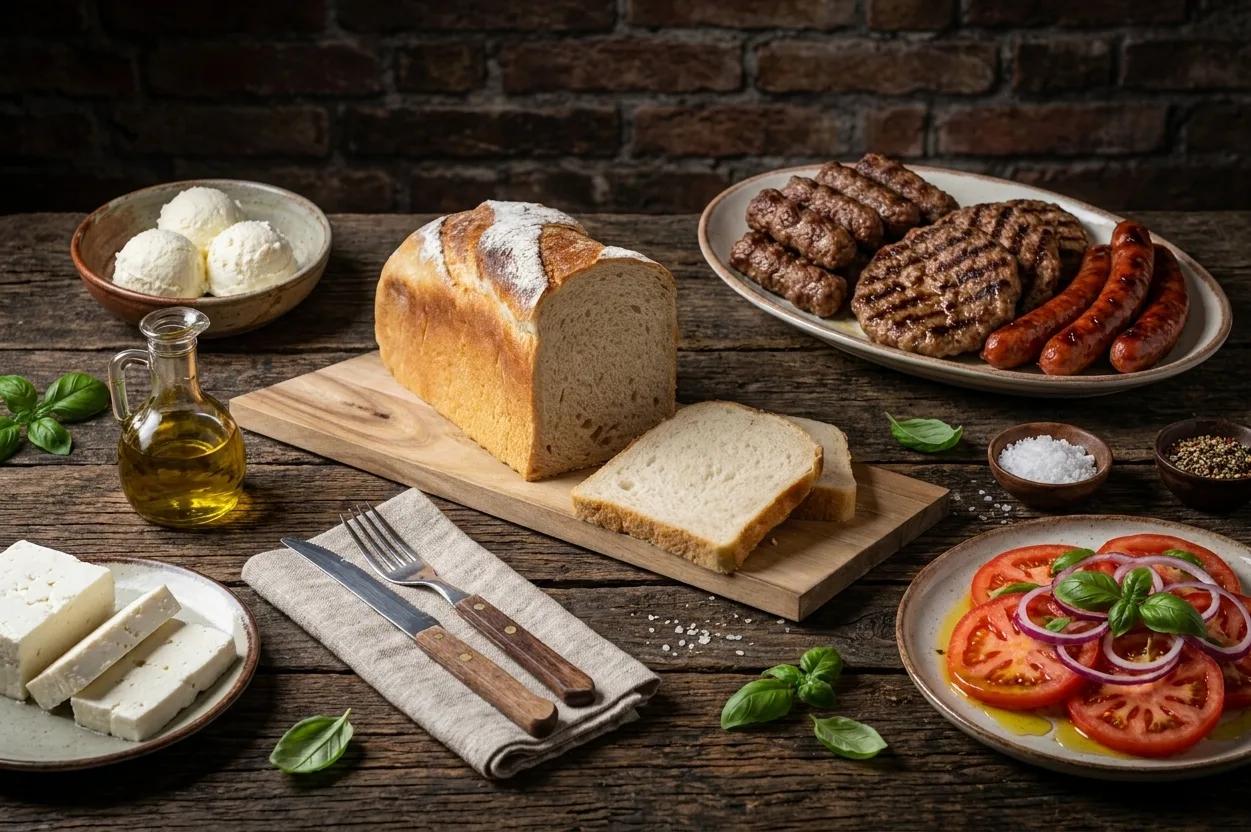 Serviran sto na kome se nalazi obilje hrane. U centralnom delu je daska sa Triticum hlebom i par kriski. Jasno se vidi mekana sredina sa sitnim alveolama. Okruzuju ga tanjir sa rostiljskim mesom, tanjir sa kriskana paradajza, kolutovima crvenog luka i boisljka - sve preliveno maslinovim uljem. Tu se i mladi domaci sir i kajmak.
