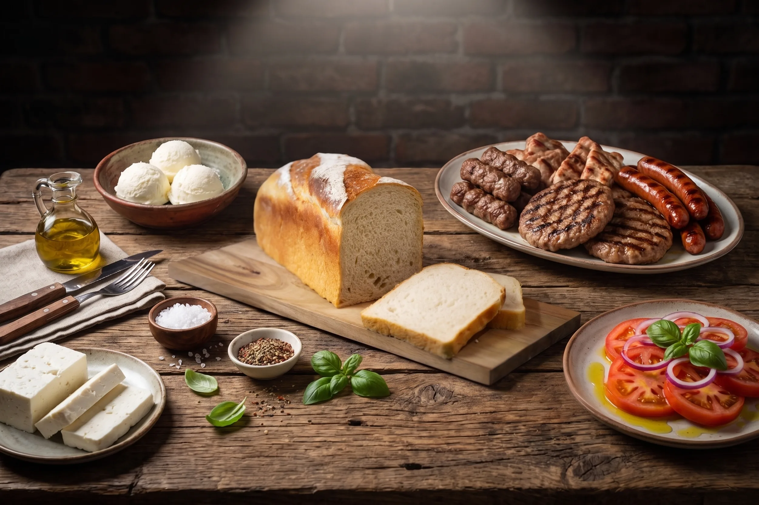 Porcija mesanog rostilj mesa servirana sa kriškama Unimiller Triticum hleba paradajz salatom, sirom i kajmakom.