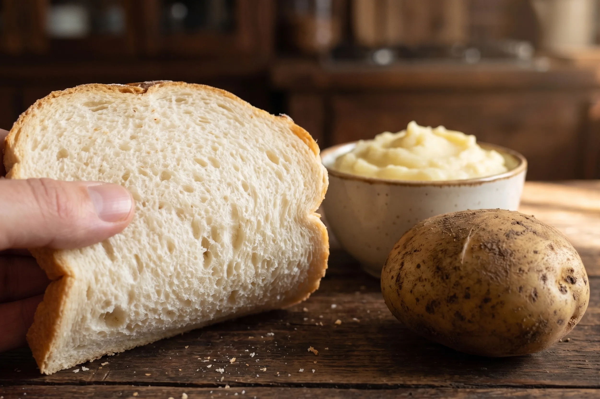 Sočna, elastična i meka sredina Triticum hleba pored sirovog krompira.