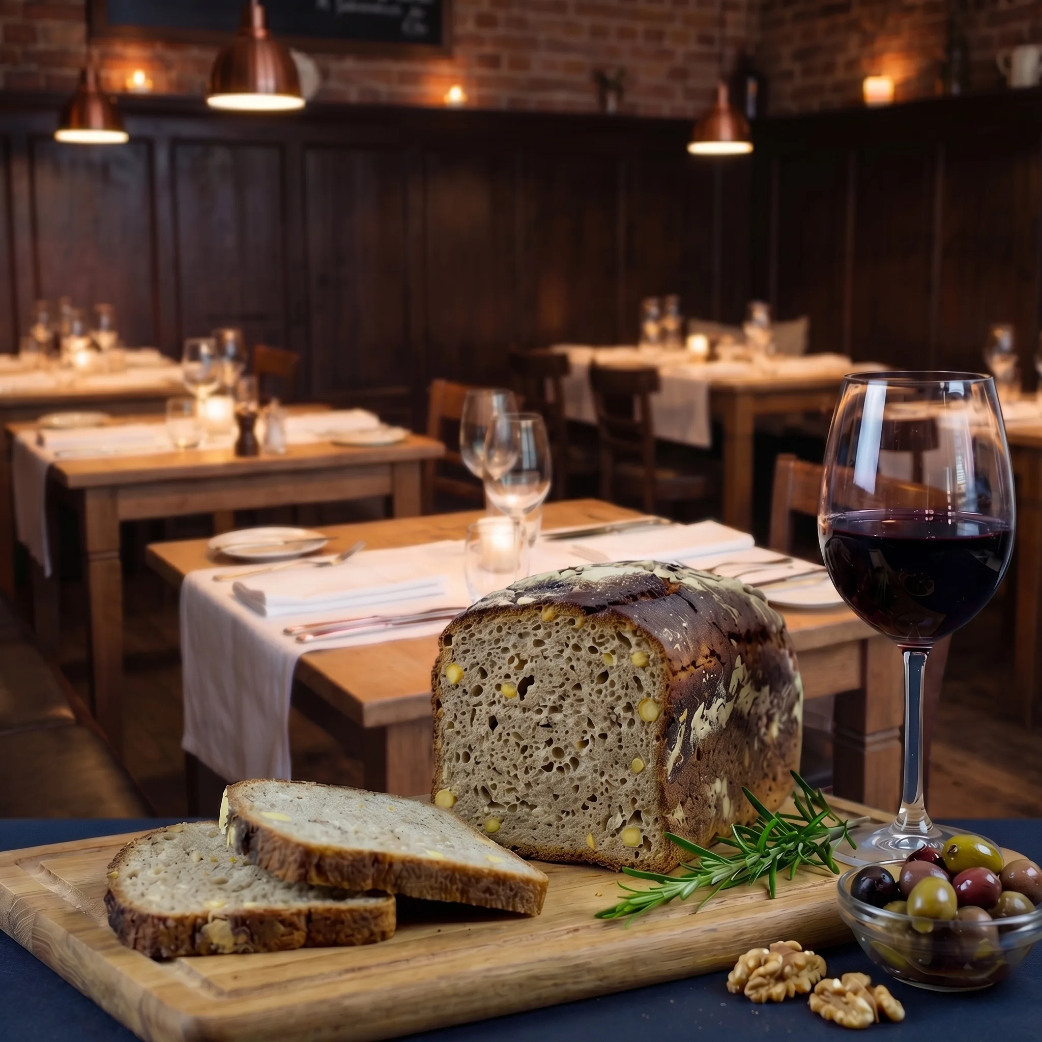 Kraljevsko zrno pekara Unimiller – presek zanatskog raženog hleba sa leblebijom, idealan za restoransko posluživanje, serviran uz crno vino i masline u ambijentu restorana.