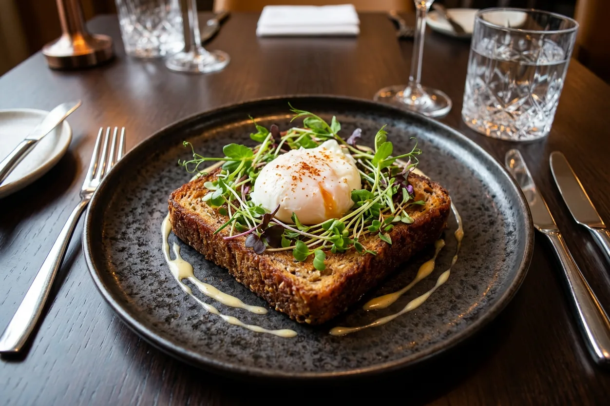 Slani 'Pain Perdu' od Ražene Arome, serviran sa poširanim jajetom i mikrobiljem.