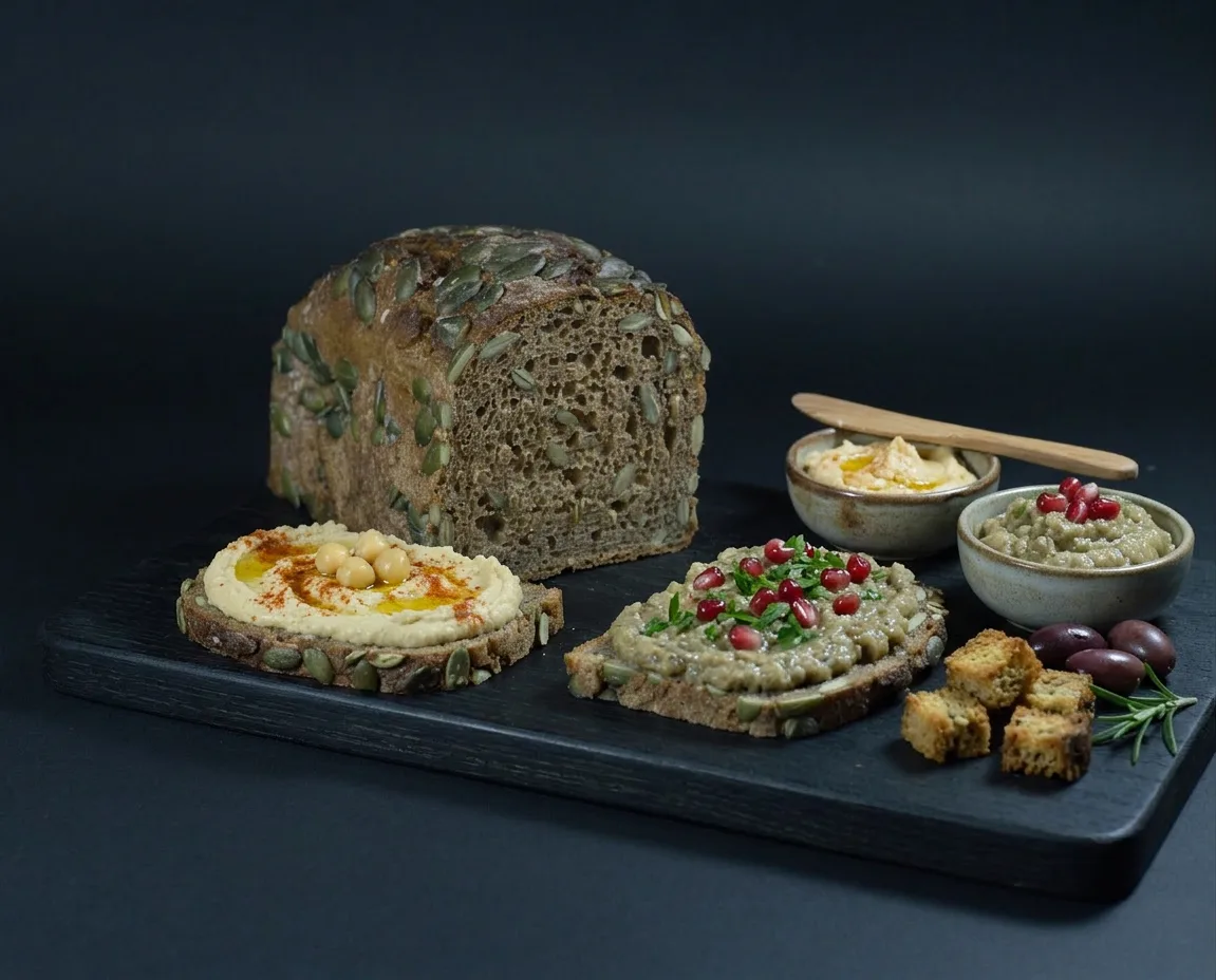 Kurbis hleb - raženi hleb sa semenkama bundeve i proklijalim zrnima raži 400g Unimiller Pekara uparivanje sa humusom i namazom od pečenog patlidžana (baba ghanoush).